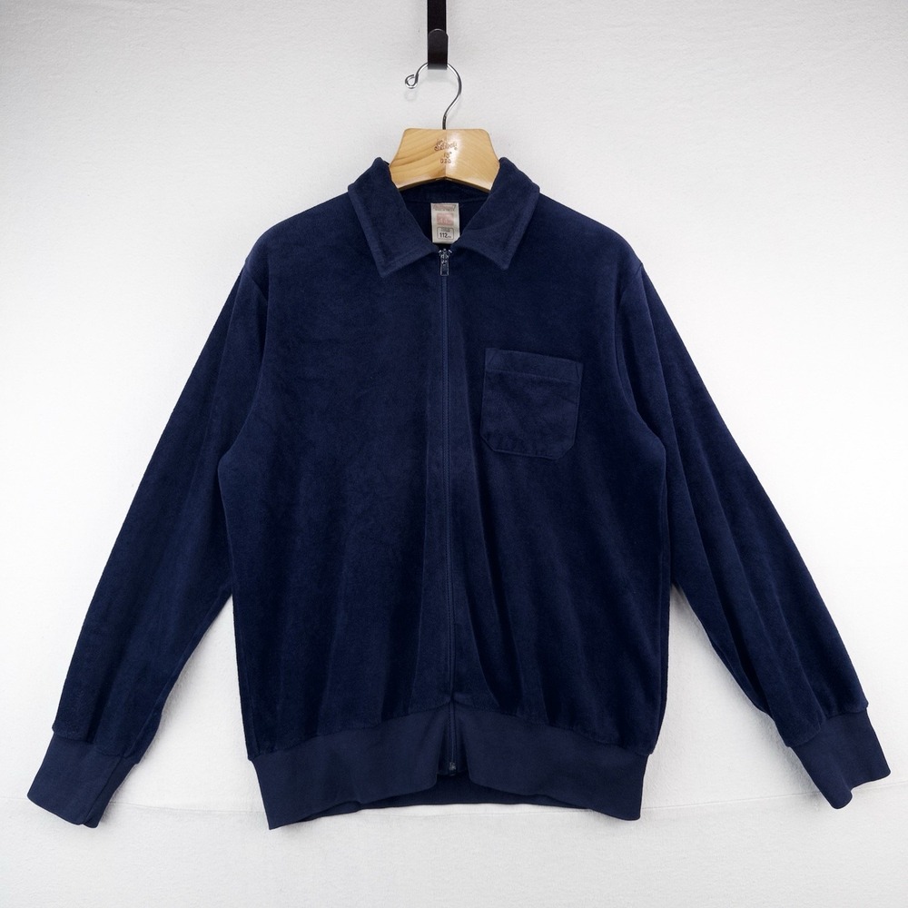 70's Vtg St Michael Velvet Jacket Men's L (44) Full Zip Sweatshirt Navy Blue UK
